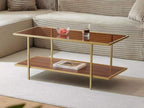 Modern Rectangle Glass Coffee Table with Amber Glass Top, Rectangle Glass Table for Living Room, L41''×W19''×H18'', Gold Table Legs Structure & Amber Glass Top