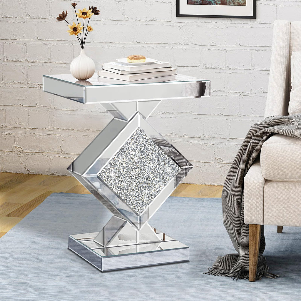 Silver Mirrored End Table With Crystal Inlay, Modern Side Table Accent Table, Square Small Coffee Table for Living Room, Bedroom