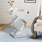 Silver Mirrored End Table With Crystal Inlay, Modern Side Table Accent Table, Square Small Coffee Table for Living Room, Bedroom