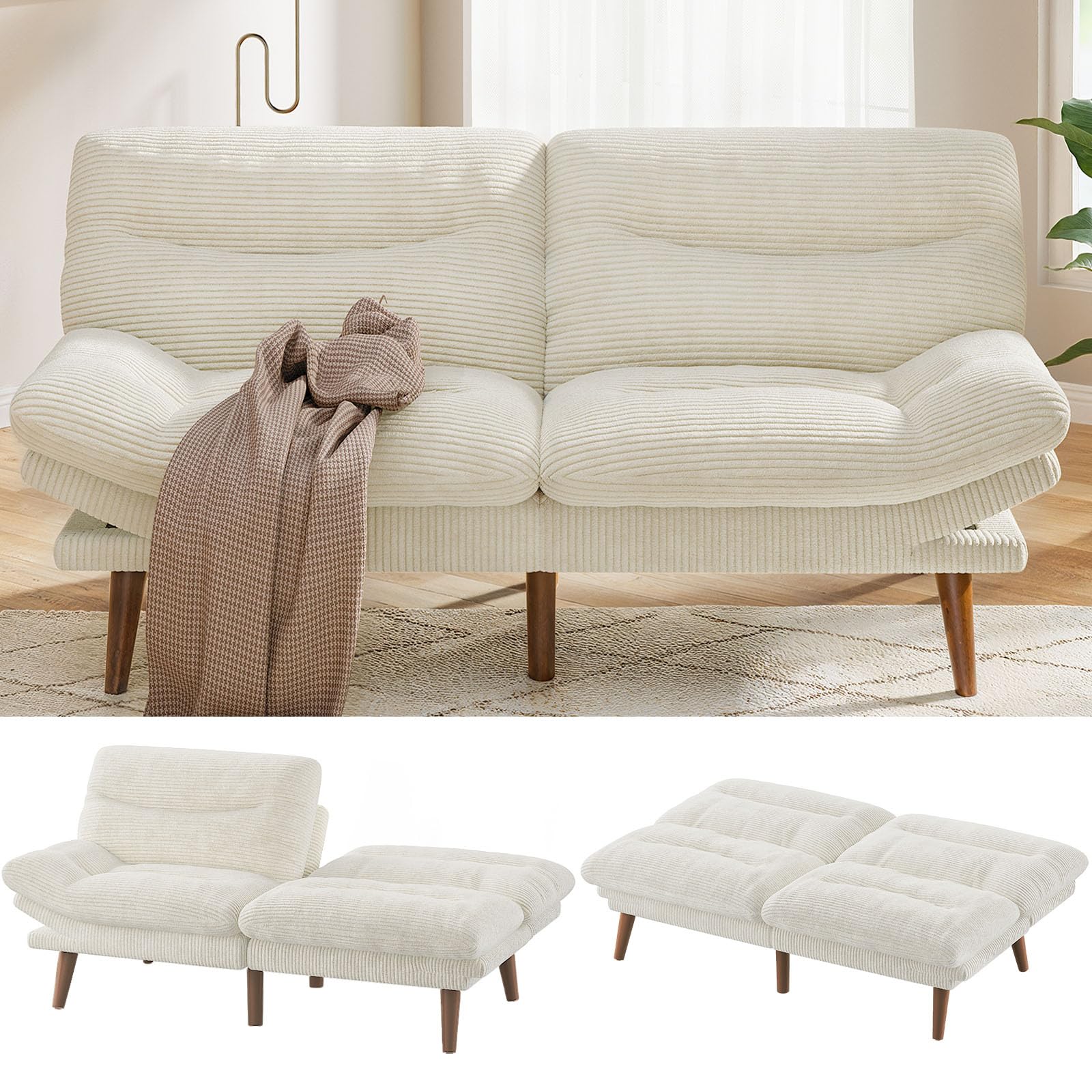 Pipishell Convertible Futon Sofa Bed,66" Corduroy Futon Couch with Adjustable Backrest and Armrests, Recliner Sleeper Sofa for Small Spaces, Play Room or Office, Grey