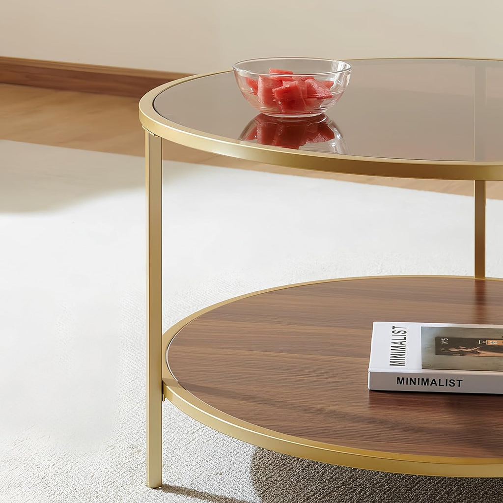 Modern Round Glass Coffee Table with Amber Glass Top, Round Glass Table for Living Room, D30''×H18'', Gold Table Legs Structure & Amber Glass Top