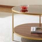 Modern Round Glass Coffee Table with Amber Glass Top, Round Glass Table for Living Room, D30''×H18'', Gold Table Legs Structure & Amber Glass Top