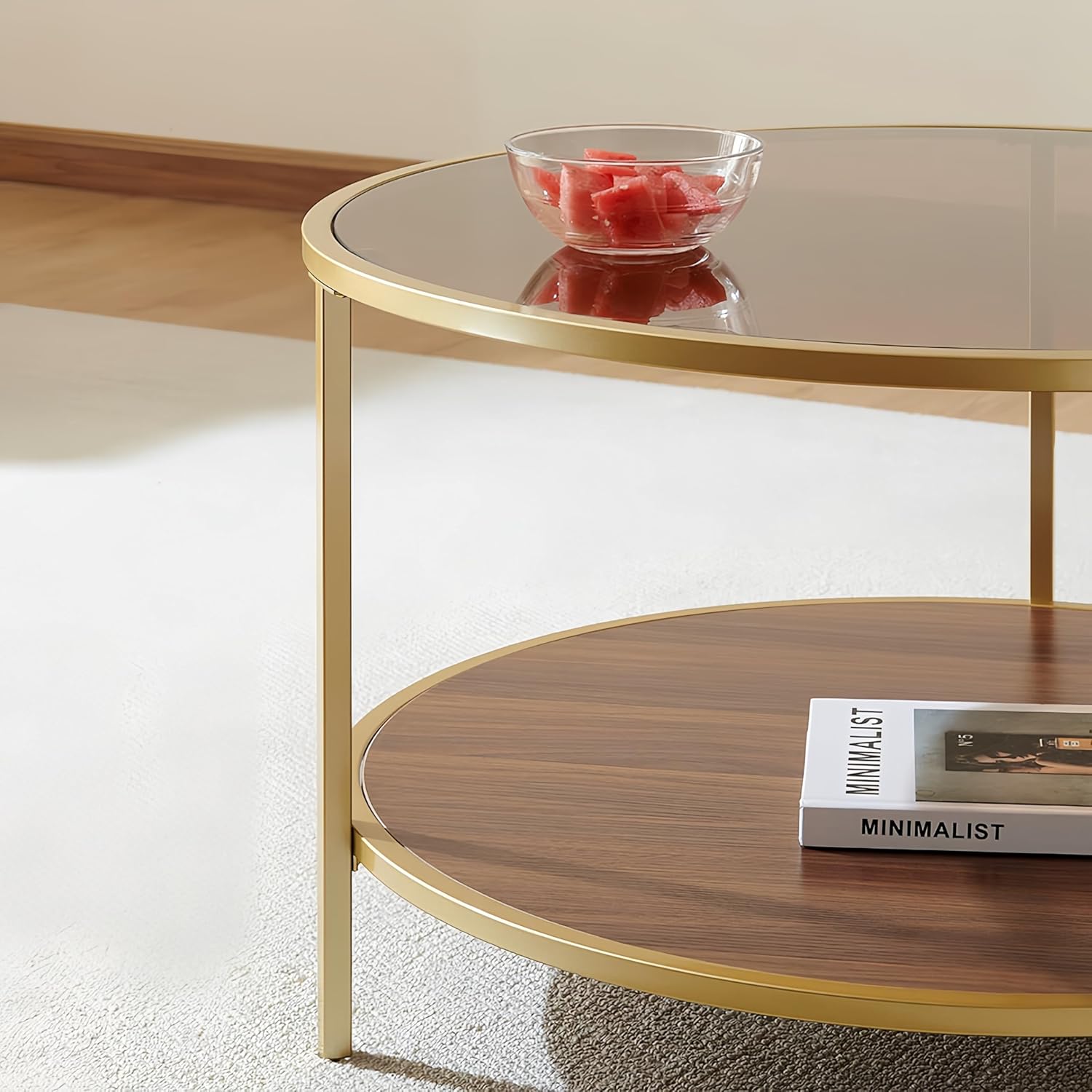 Modern Round Glass Coffee Table with Amber Glass Top, Round Glass Table for Living Room, D30''×H18'', Gold Table Legs Structure & Amber Glass Top