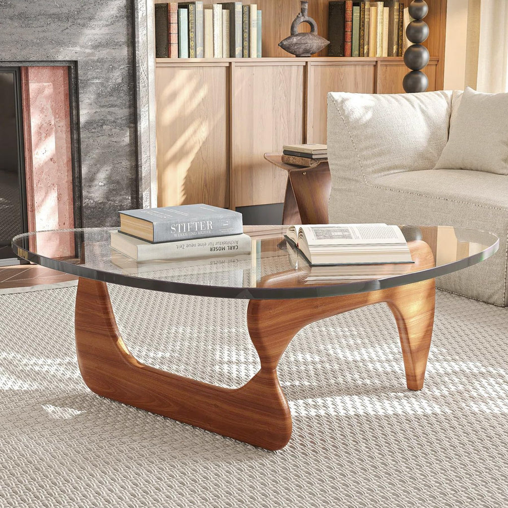 Small Coffee Table Modern Glass Coffee Table, Mid Century Coffee Tables for Living Room, Mesa de Centro para Sala, Rustic Oval Coffee Tables with Glass Top & Wood Base, (Walnut Brown, 31.5in)