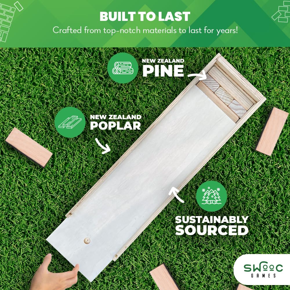 SWOOC Games - Giant Tower Game with 3-in-1 Straightener, Table & Storage Box - 90% Faster Set Up with Transforming Box & Straightener - Starts at 2-4ft - Grows to Over 6ft - Large Outdoor Yard Games