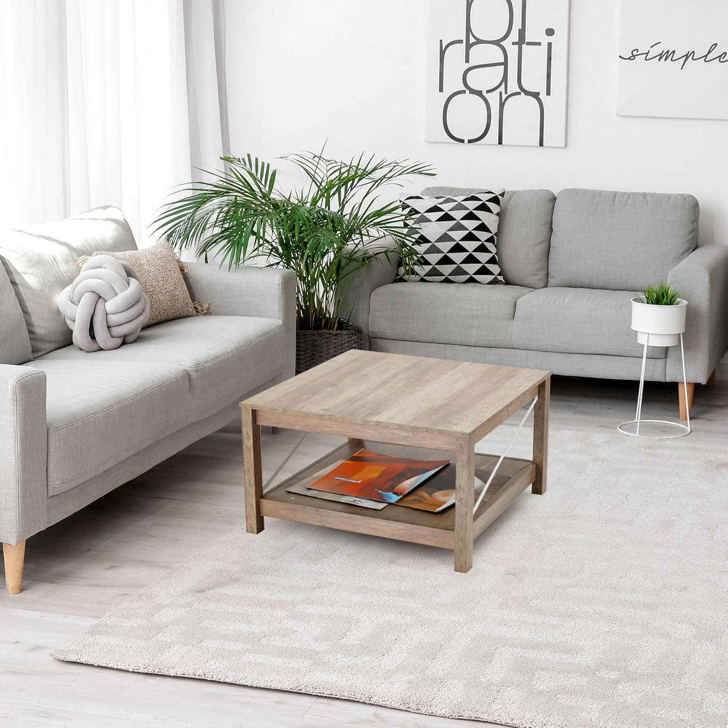 JOMEED 31.5 Inch Square Coffee Table with Bottom Storage Shelf, Modern Farmhouse Style Living Room Office Accent Table Furniture, Beige