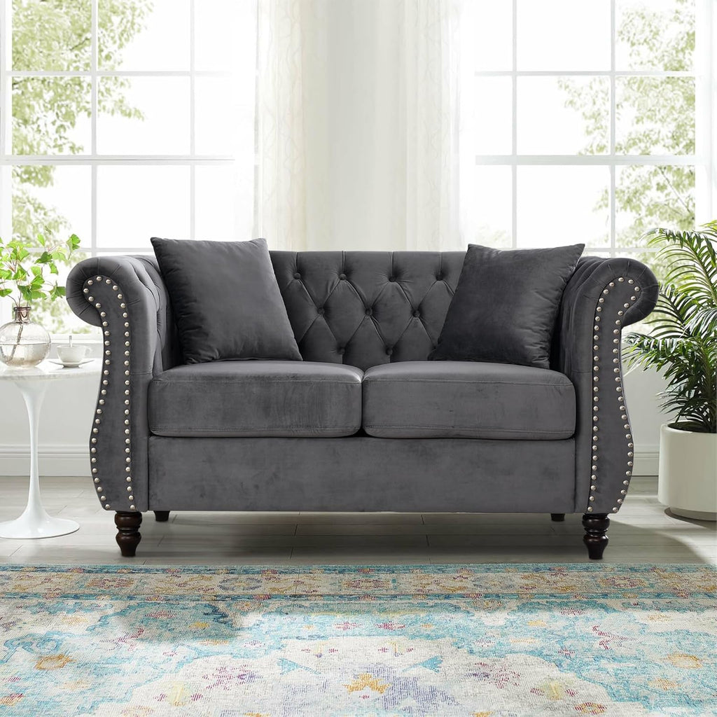 59" Chesterfield Loveseat Velvet Sofa for Living Room,2-Seater Sofa Tufted Couch with Two Pillows,Rolled Arms and Nailhead for Living Room, Bedroom, Office Grey