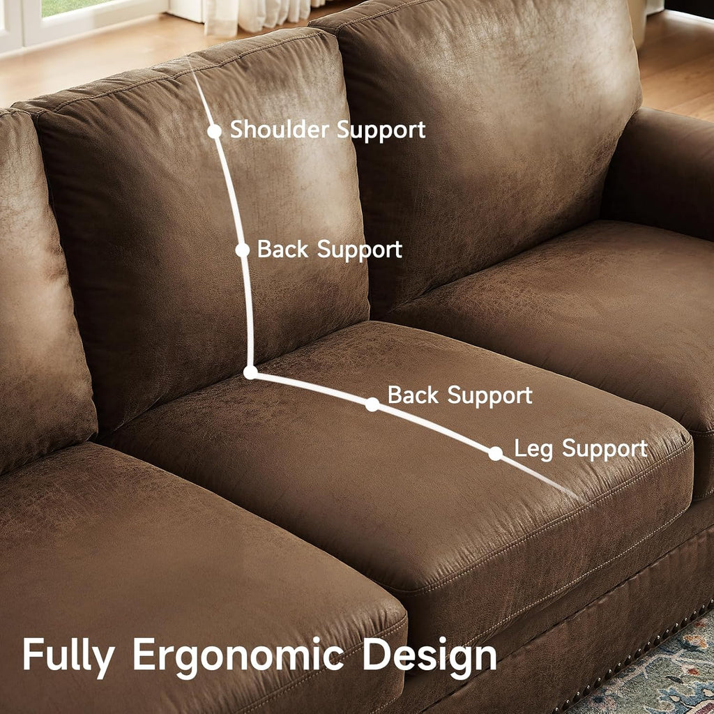 Faux Leather Sofa, 84" Rolled Arms Couch with Nailhead Trim, 3 Seater Deep Seat Sofa with Spring Cushion, Solid Wooden Bun Legs, Mid-Century Vintage Couch for Living Room, Farmhouse, Brown