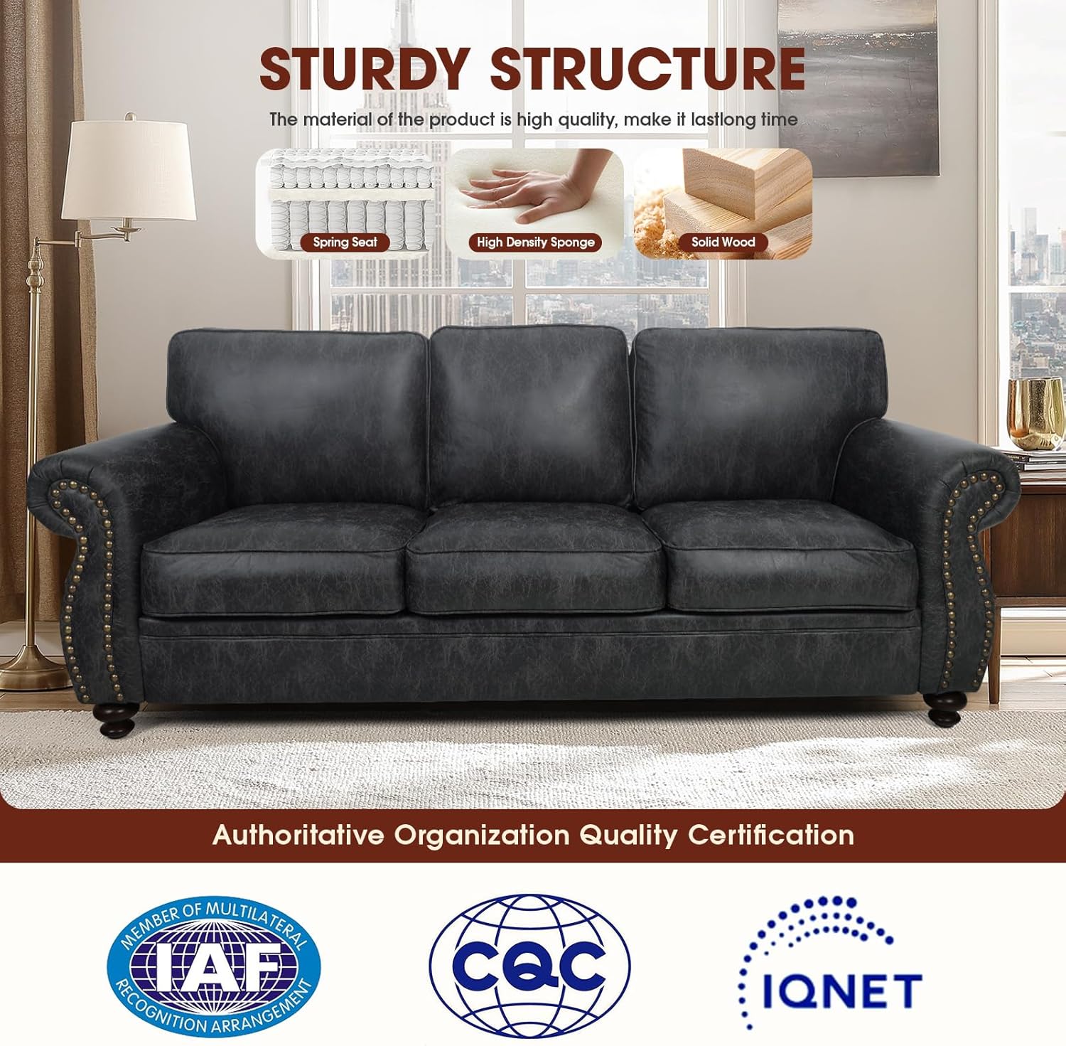 Mid-Century Vintage Sofa Couches with Rivet Design,loveseat Sofa,Removable Sofa Cover Upholstered Cushions and Solid Wood Frame (Grey, 3-Seater)