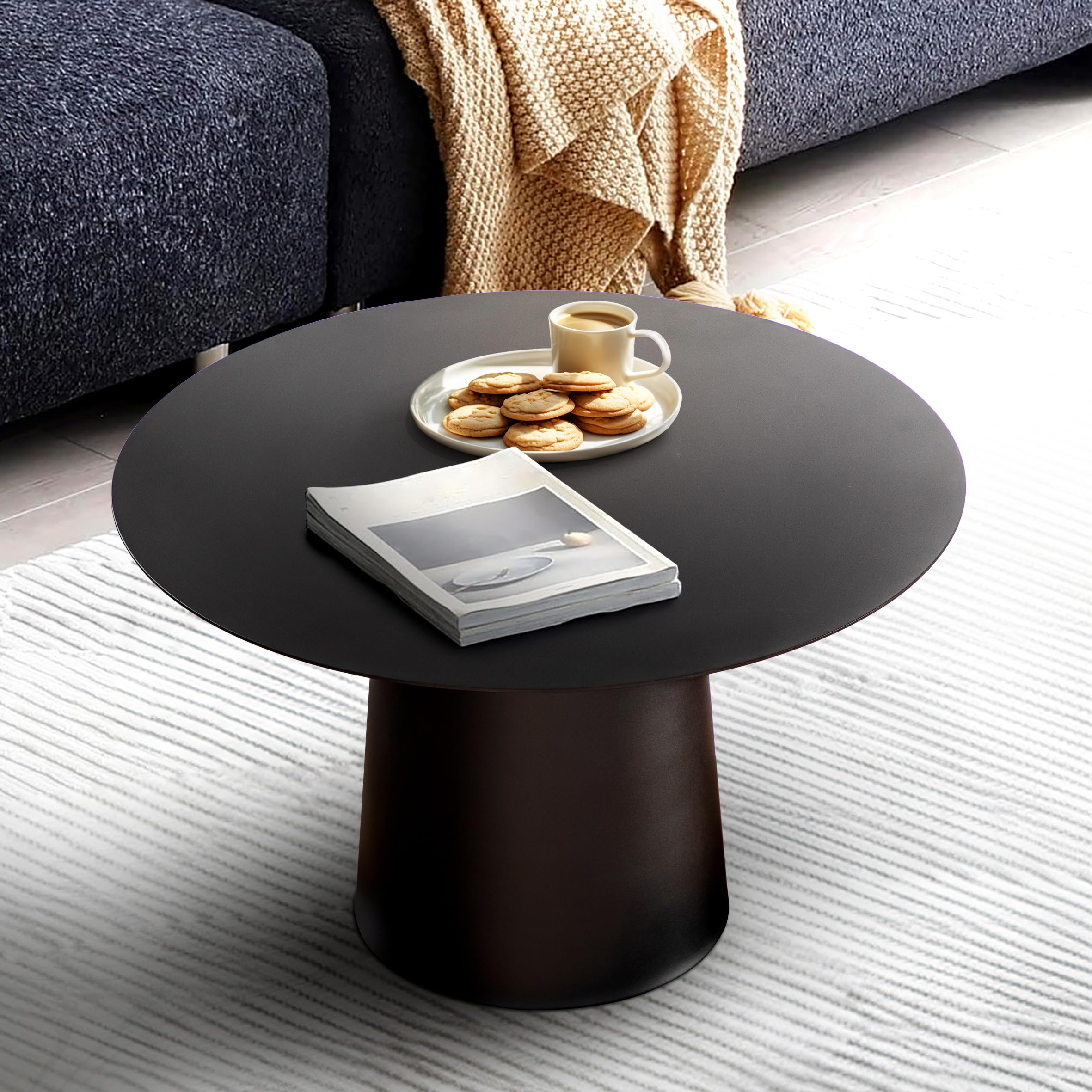 ALOADECOR W17.7 Modern and Contemporary Matte Black Single Round Coffee Table Sturdy Iron Base Elegant Design for Living Room Bedroom and Office Decor