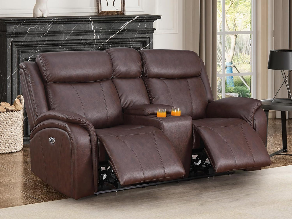 Power Recliner Sofa Set, 3 Piece Reclining Couch for Living Room, Brown Leather Home Theater Seating Recliner Couch Set with Storage and Cup Holders