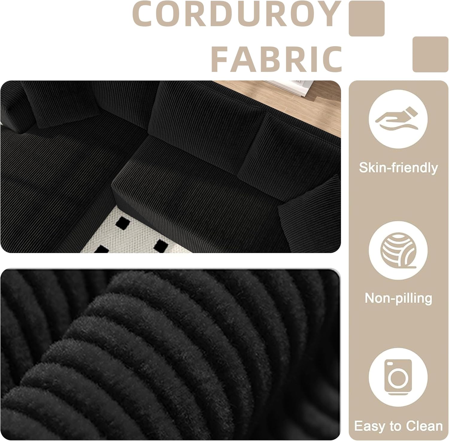 Sectional Couches for Living Room, 5 Seat Sofa Couch with Corduroy Fabric, L-Shaped Cloud Sofa Set with 5 Pillows, No Assembly High-Density Sponge Sofa for Apartment, Black