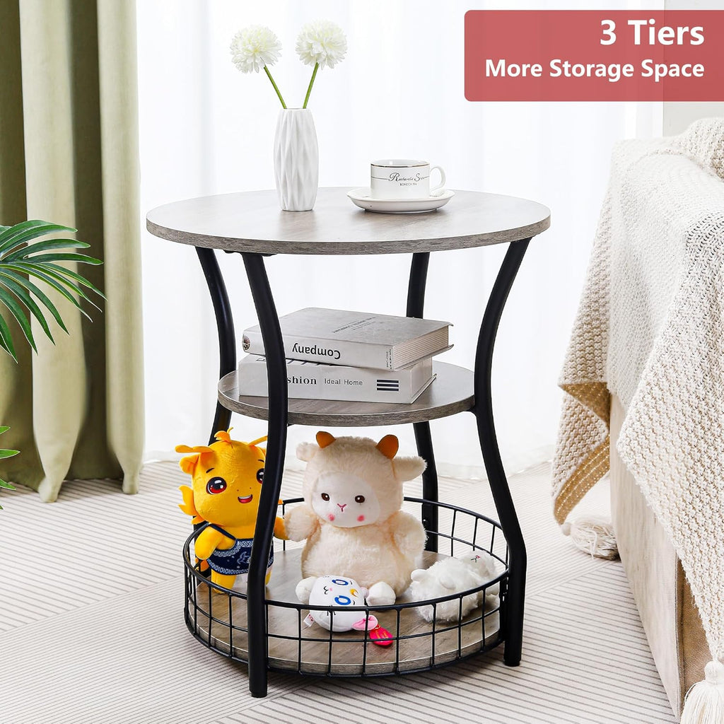 Small Side Table Round End Table with Storage Shelf Basket, 3-Tier Accent Corner Sofa Couch Side Tables Coffee Drink Table for Small Spaces,Round Nightstand for Living Room, Bedroom, Greige