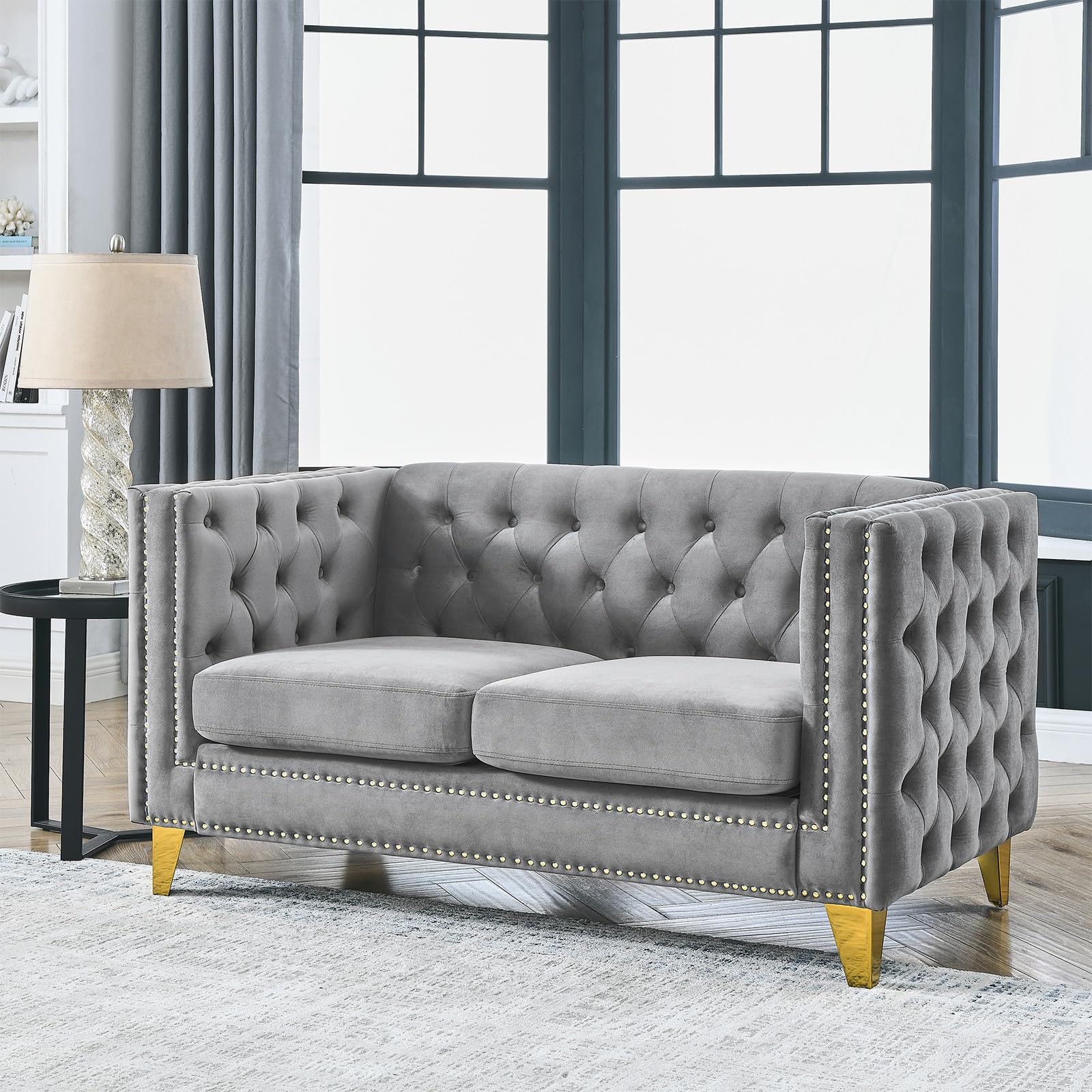 Chesterfield Sofa,Oversized Velvet Sofa Couch,Deep Seat 3 Seater Sofa,Modern Sofa Chair with Button Nailhead,Upholstered Futon Couches,Furniture for Living Room,Bedroom,Office(Grey)