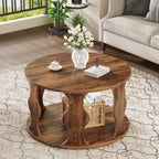 HSH Round Wood Coffee Table, 2 Tier Circle Center Table with Storage, Farmhouse Modern Wooden Living Room Coffee Tea Tables, Unique Vintage Circular Middle Cocktail Table, 31.5 in Rustic Brown