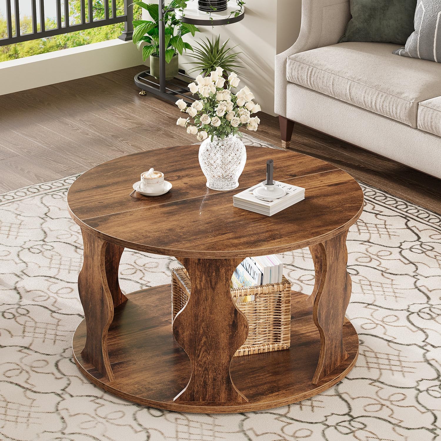HSH Round Wood Coffee Table, 2 Tier Circle Center Table with Storage, Farmhouse Modern Wooden Living Room Coffee Tea Tables, Unique Vintage Circular Middle Cocktail Table, 31.5 in Rustic Brown