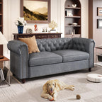 72 Inch Black Sofa, Chesterfield Faux Leather Couch with Wooden Legs, Tufted Leather Sofa with Rolled Arms, Mid Century Modern Couch with Rivets for Living Room, Apartment, Office