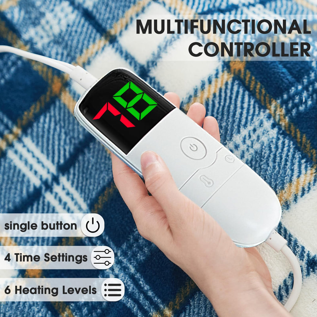 Elektrisch verwarmd deken, 50X60, verwarmingsdeken met 10 verwarmingsniveaus/8 uur automatische uitschakeling, marineblauw geruit Sherpa-dekenverwarmer voor volwassenen, wasbaar deken cadeau voor bank bed kantoor, ETL