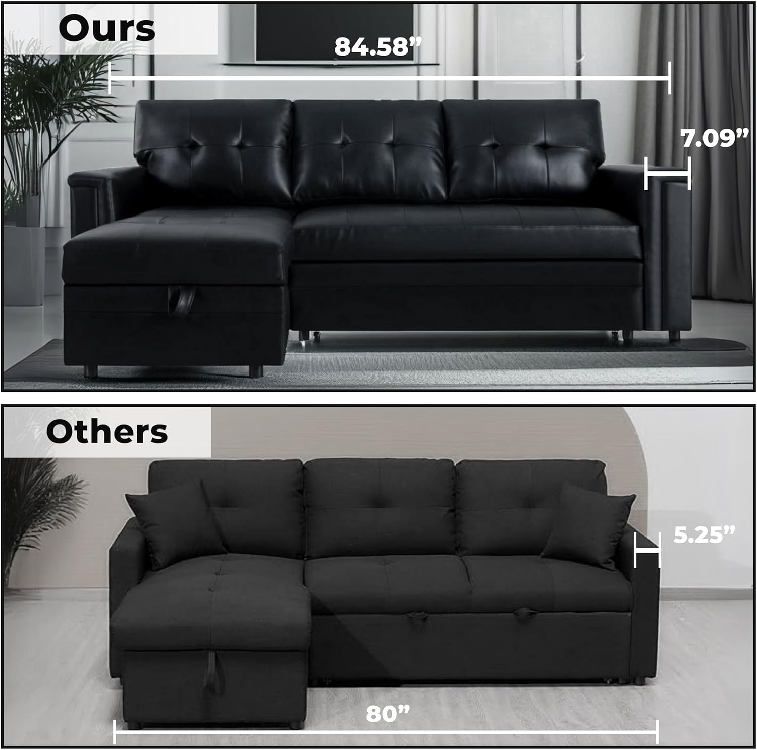 Naomi Home L-Shaped Sectional Sleeper Sofa with USB Ports - Convertible Pull-Out Bed, Ample Storage, Timeless Design, Durable Construction, Black/Air Leather