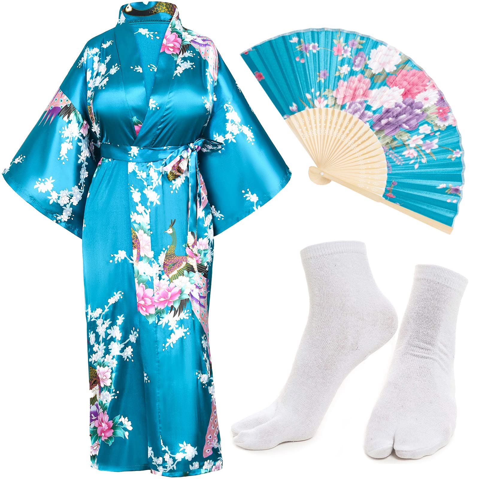 Heone Kimono Satin Peacock Printed Lightweight Cardigan Jacket Coat Yukata Cloak Bathrobe Tops folding Fans Tabi Socks Set