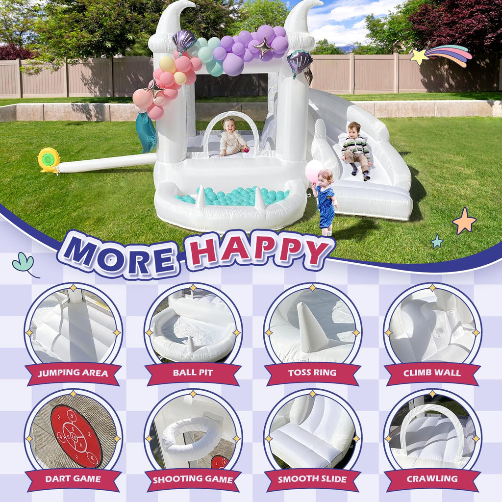 White Bounce House with Pool and Slide, UL Blower Included-Portable, Inflatable Bounce House, Basket-Hoop Inside, Kids Indoor and Outdoor Bounce House (Oxford material-10' L X 9.5' W X 7.2' H)