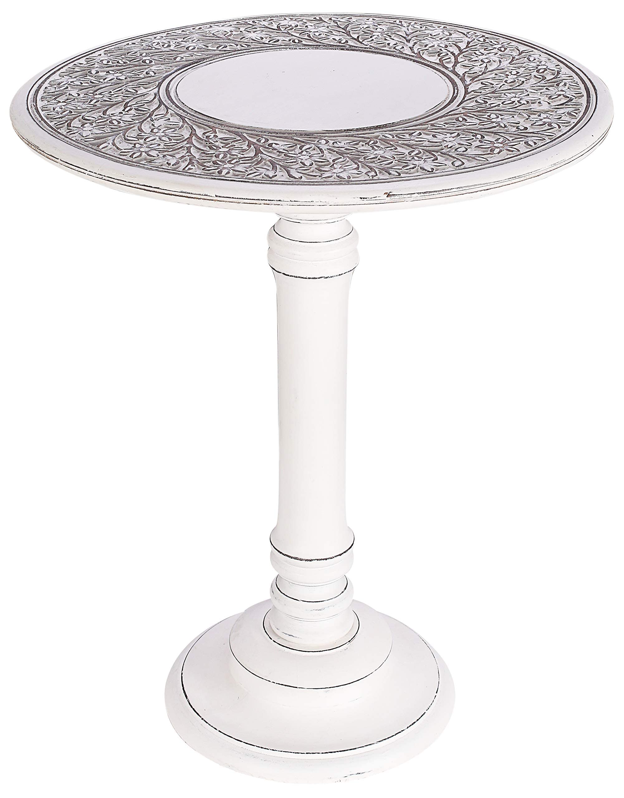 Wooden End Table for Living Room - 18x22 Burnt Finish Carved Side Table, Single Pillar Nightstand, Bedside Table for Books, Plants, Magazines, Small Space Accent Table