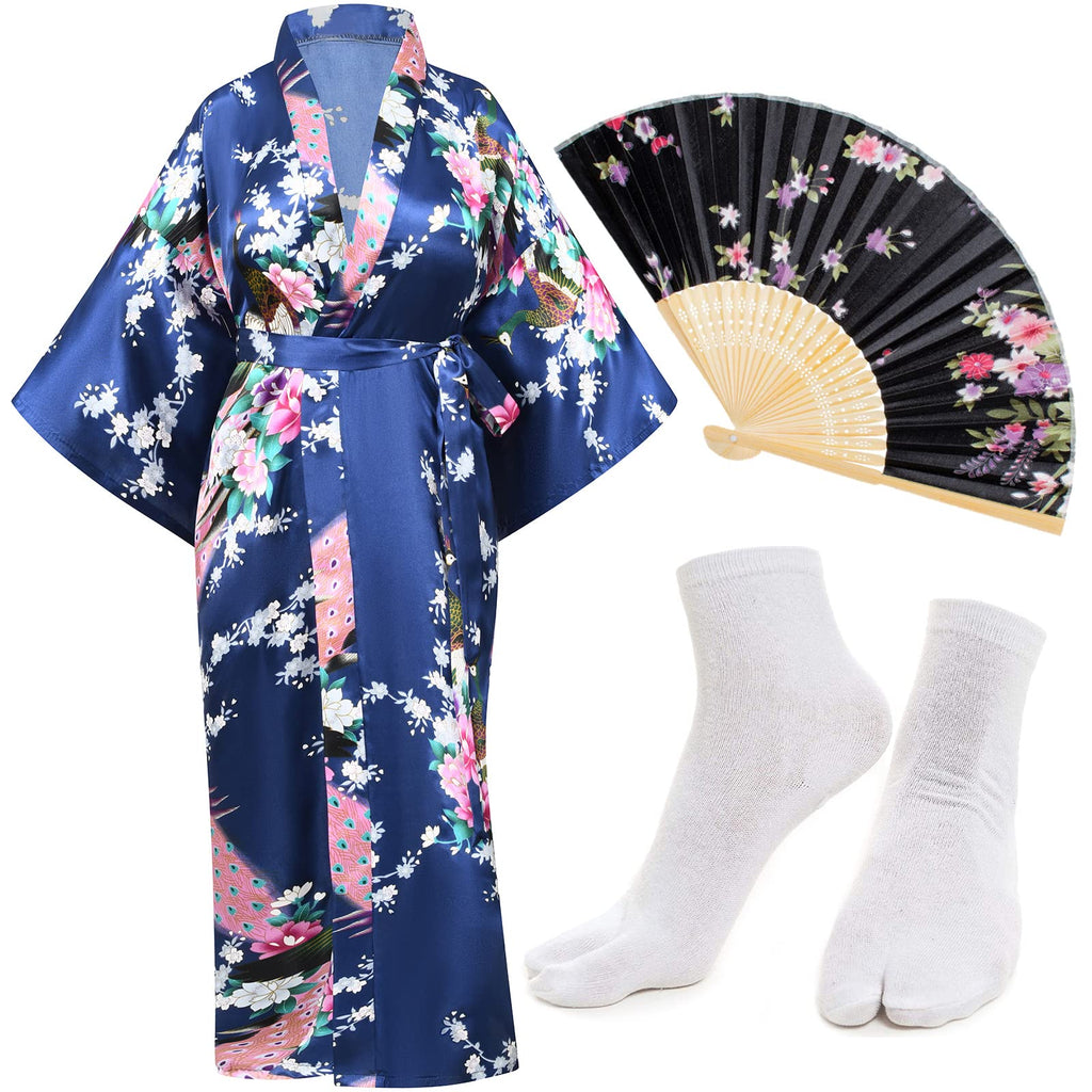 Heone Kimono Satin Peacock Printed Lightweight Cardigan Jacket Coat Yukata Cloak Bathrobe Tops folding Fans Tabi Socks Set
