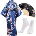 Heone Kimono Satin Peacock Printed Lightweight Cardigan Jacket Coat Yukata Cloak Bathrobe Tops folding Fans Tabi Socks Set