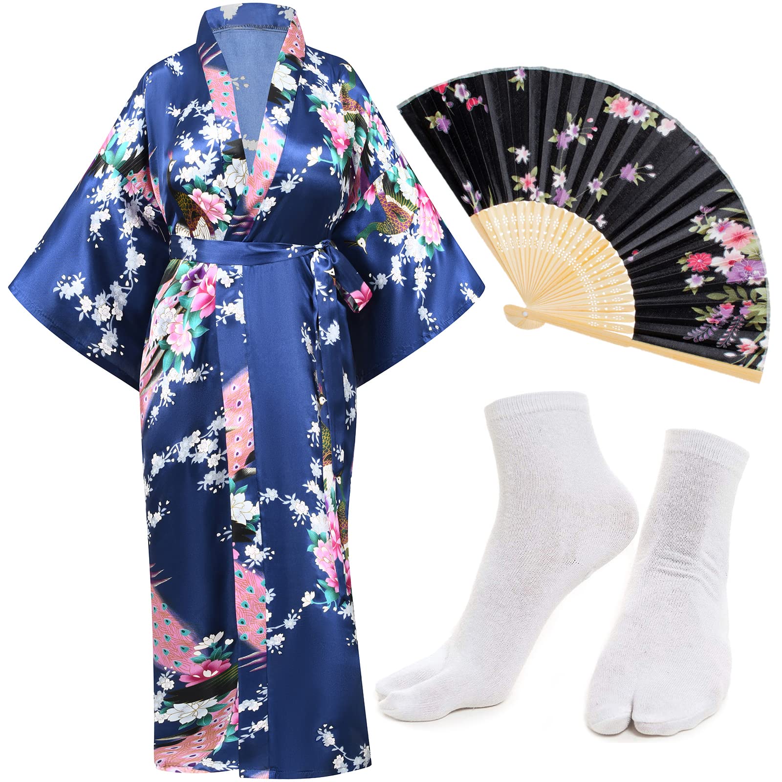 Heone Kimono Satin Peacock Printed Lightweight Cardigan Jacket Coat Yukata Cloak Bathrobe Tops folding Fans Tabi Socks Set