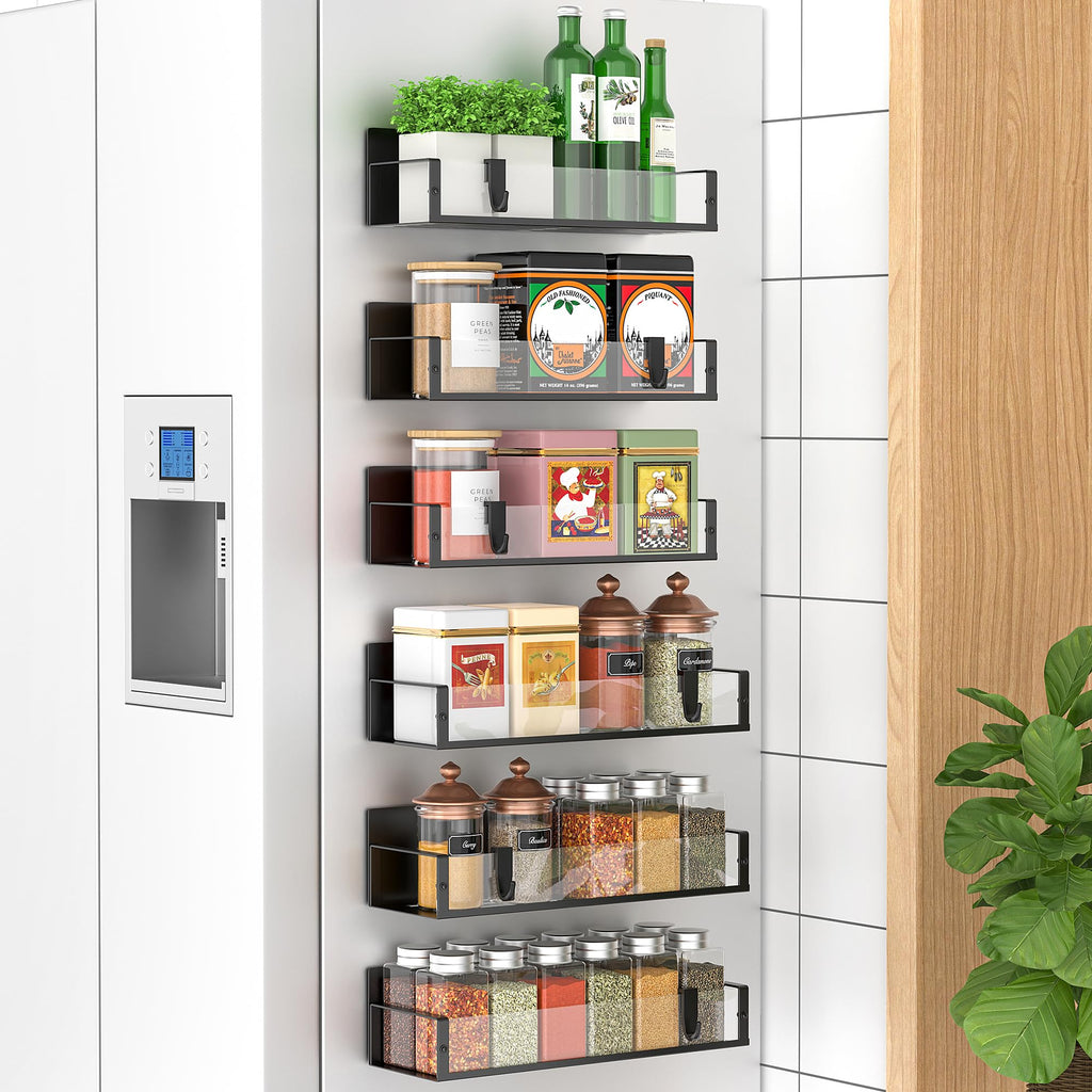 6 Pack Magnetic Spice Storage Rack Organizer for Refrigerator and Oven, Black Fridge Organizers and Storage