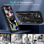 DEERLAMN Hoes voor iPhone 13 Pro Max met schuifcamera cover+schermbeschermer (1 stuk), gedraaide ring standaard militaire graad schokbestendige beschermhoes 6.7 inch-zwart