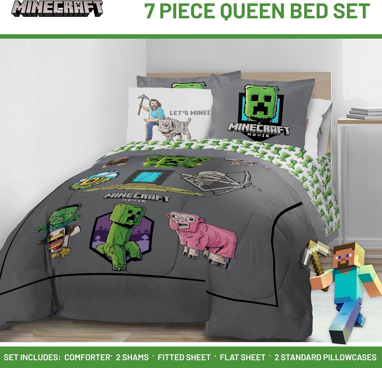 Jay Franco Kids Comforter Set Includes Sheets and Pillow Covers - Soft and Cozy Bed Set for Stylish Room Decor, Grey - Minecraft Movie, 7 Piece Queen Size Bedding