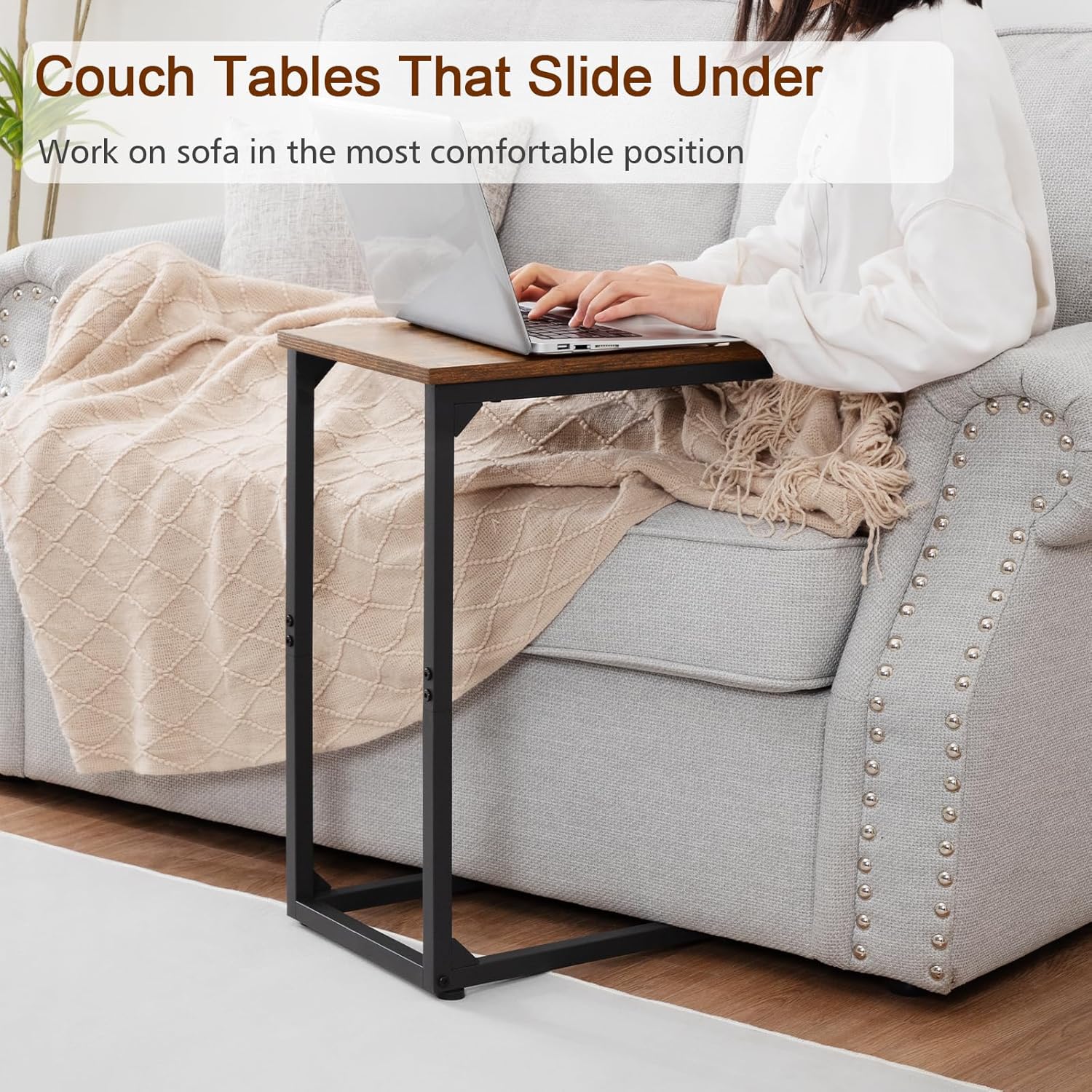 AMHANCIBLE C Shaped End Tables, TV Trays Set of 2 for Living Room, Slide Under Couch Table for Sofa, Bedroom, Small Space, Rustic Brown HET02CBR