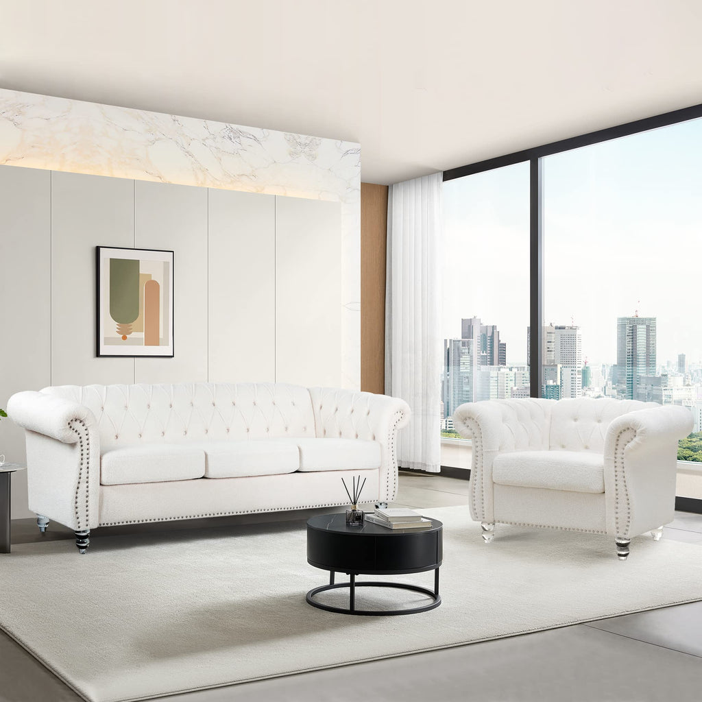 QHITTY 3 Piece Living Room Set, Sectional Chesterfield Sofa Chair Contemporary Upholstered Leather Loveseat Couch Sets for Living Room, Bedroom, Office