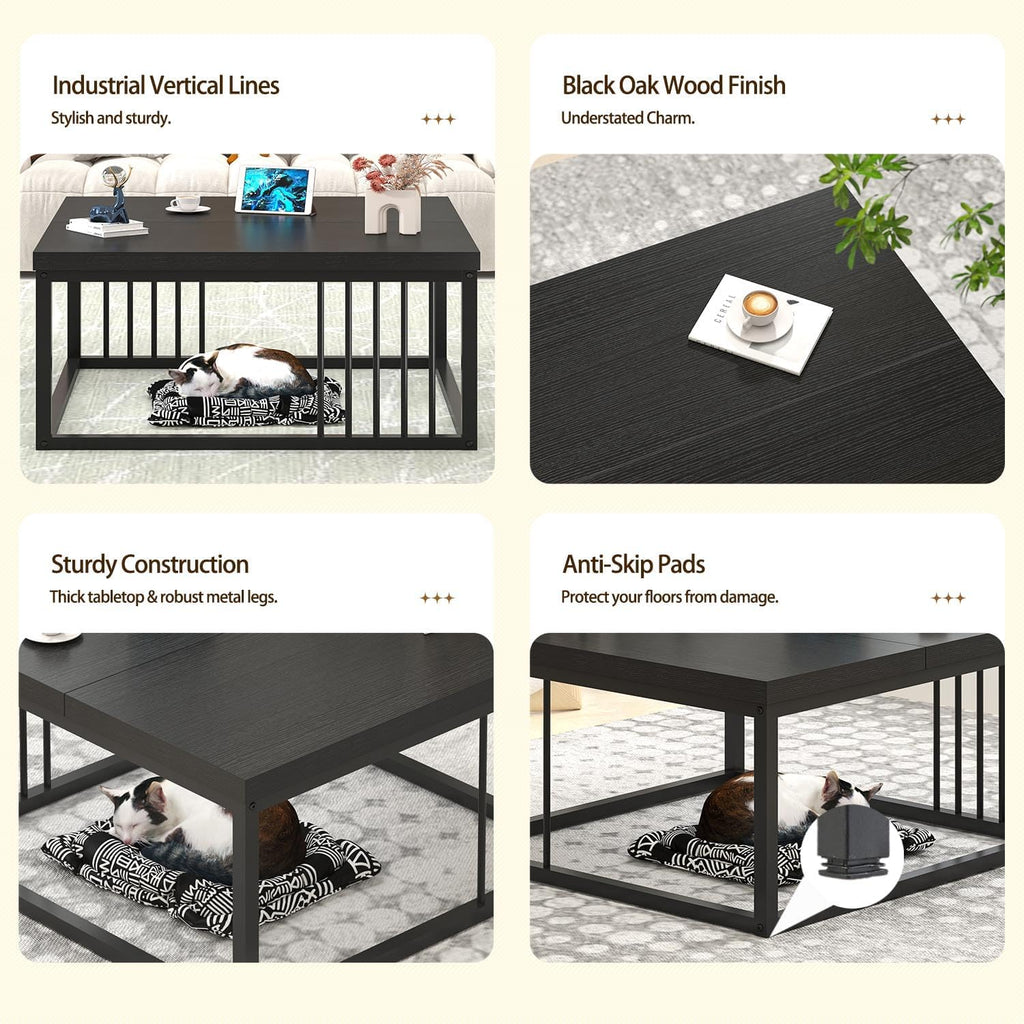 FOLUBAN Black Coffee Table, Modern Square Center Table for Living Room, Industrial Rustic Wood and Metal Cocktail Tea Table, 31.5 Inch