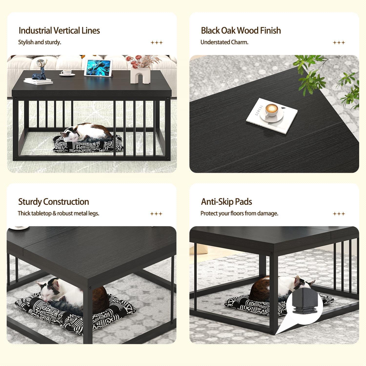 FOLUBAN Black Coffee Table, Modern Square Center Table for Living Room, Industrial Rustic Wood and Metal Cocktail Tea Table, 31.5 Inch