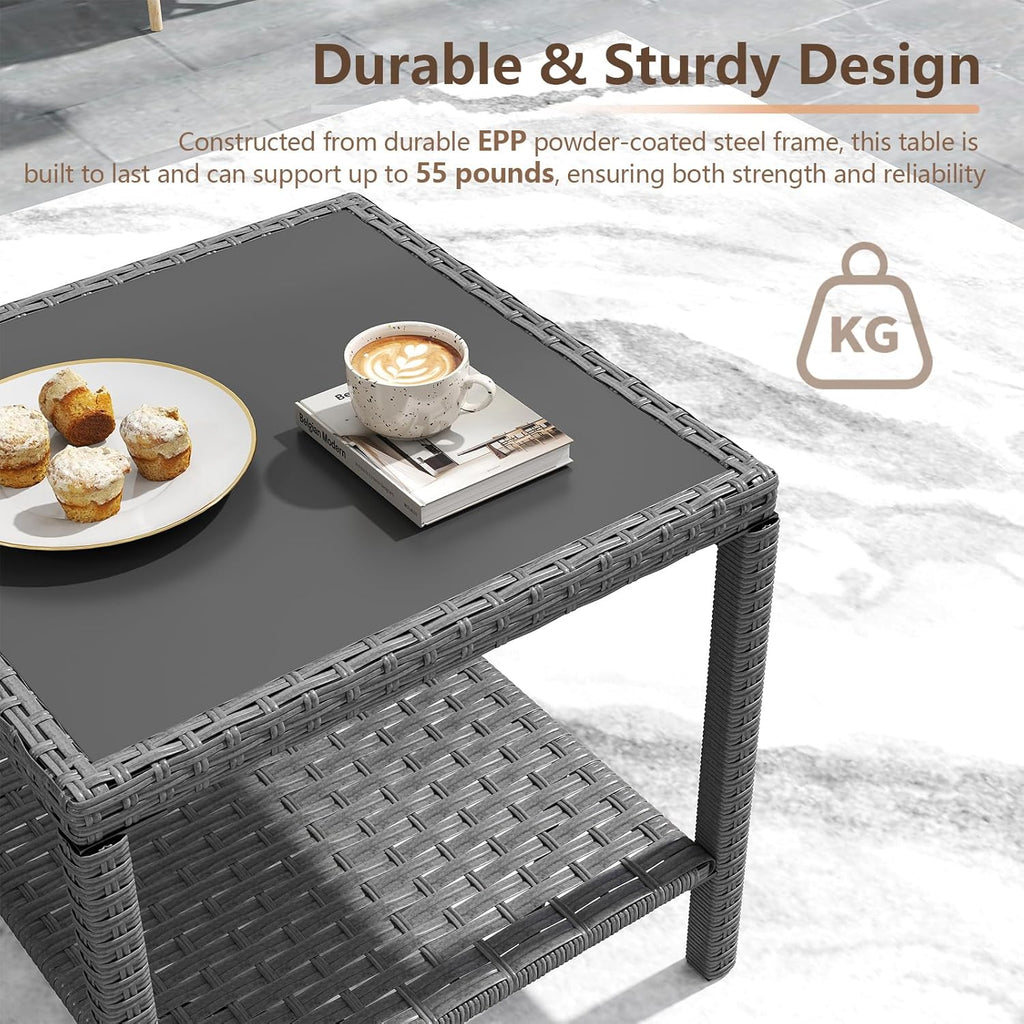 C-Hopetree Small Outdoor Coffee Side End Table for Outside Patio Storage, Gray All Weather Wicker with Glass Top, Square