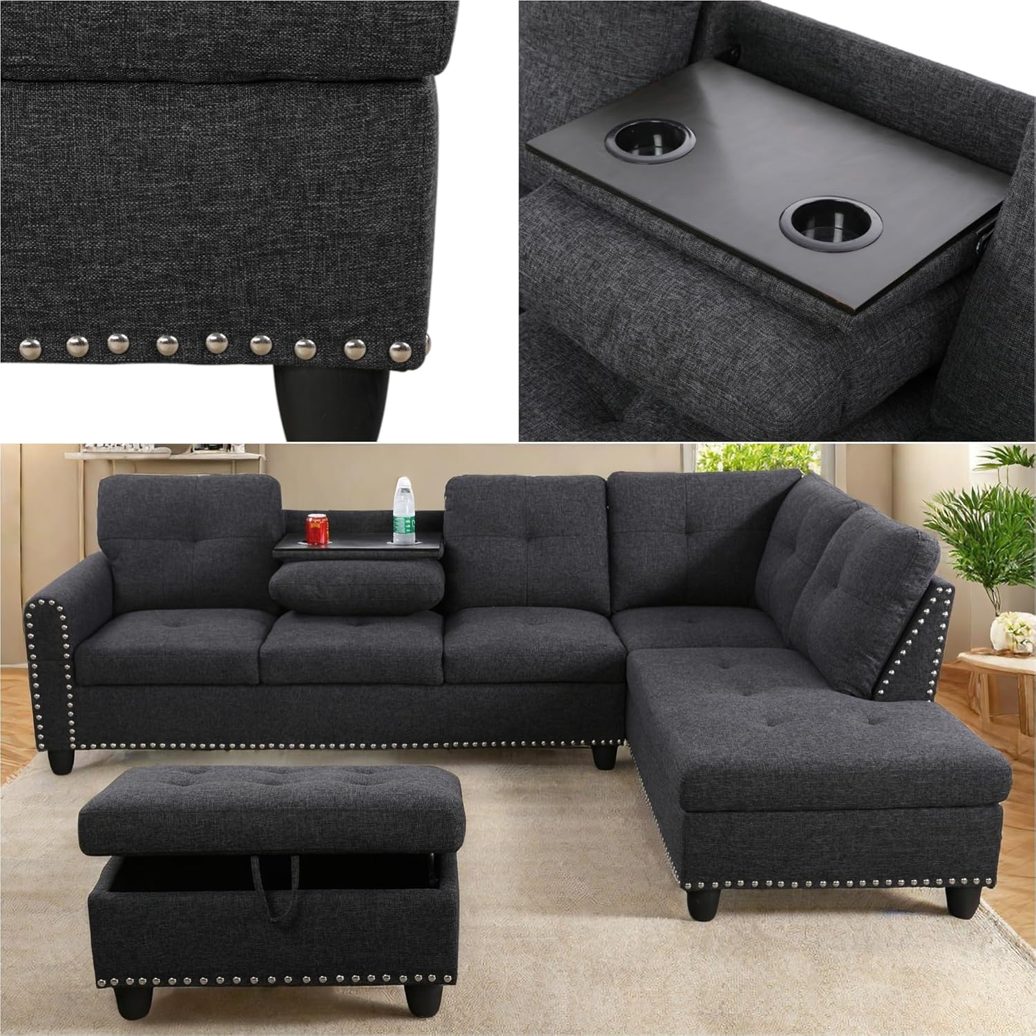 L Shaped Sectional Couches, Modular Sectional Sofa with Ottoman Storage, Nail-Head Design Lounge Sofa with Reversible Cup Holder for Living Room, Bedroom, Gray