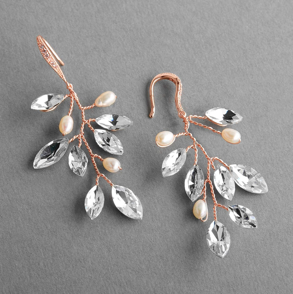 Mariell Bridal and Wedding Rose Gold Handmade Dangle Earrings, Crystal Gems and Petite Freshwater Pearls