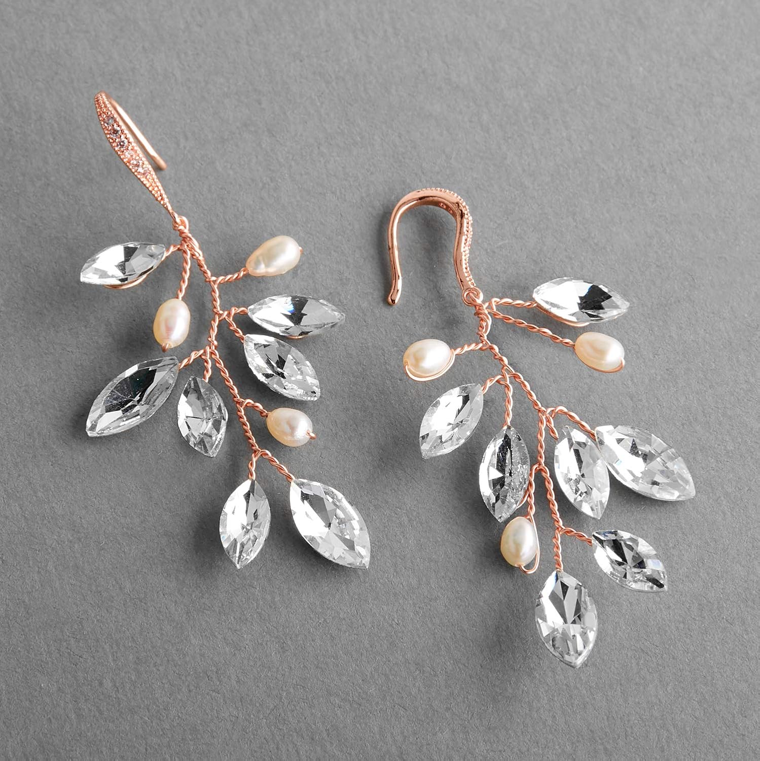 Mariell Bridal and Wedding Rose Gold Handmade Dangle Earrings, Crystal Gems and Petite Freshwater Pearls