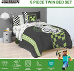 Jay Franco Minecraft Creeper Twin Comforter Set - 5 Piece Bedding Includes Sheet Set & Pillow Covers - Super Soft Gren & Gray Bedding