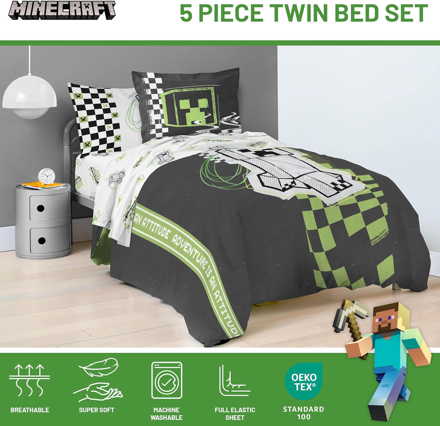 Jay Franco Minecraft Creeper Twin Comforter Set - 5 Piece Bedding Includes Sheet Set & Pillow Covers - Super Soft Gren & Gray Bedding