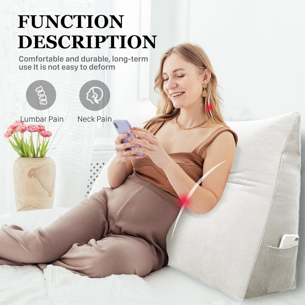 11 lbs Thickened Queen Headboard Pillow for Sitting Up in Bed, Back Support Reading Pillow with Side Pocket and Velvet Removable Cover, Triangular Large Wedge Headboard Pillow