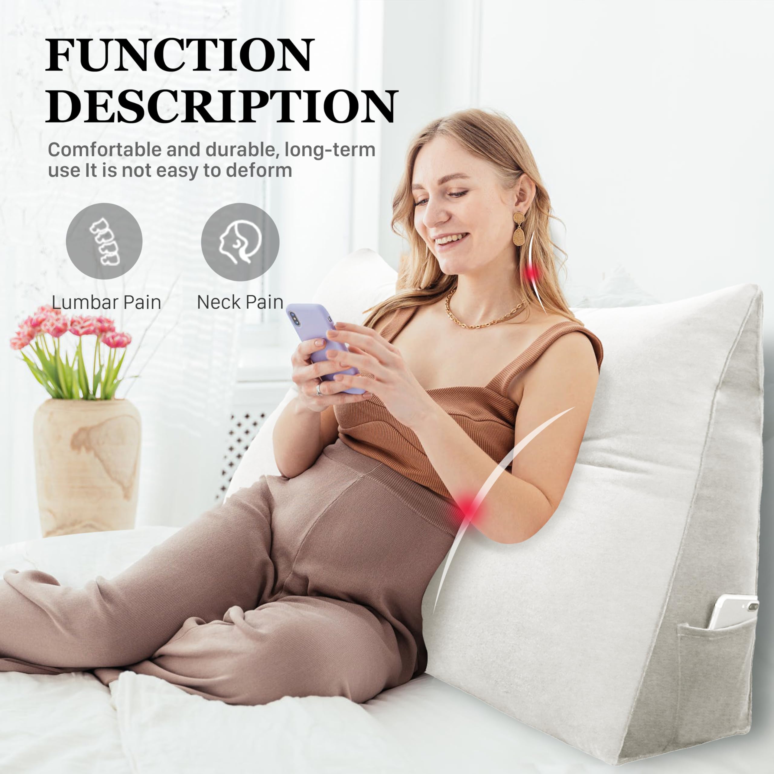 11 lbs Thickened Queen Headboard Pillow for Sitting Up in Bed, Back Support Reading Pillow with Side Pocket and Velvet Removable Cover, Triangular Large Wedge Headboard Pillow