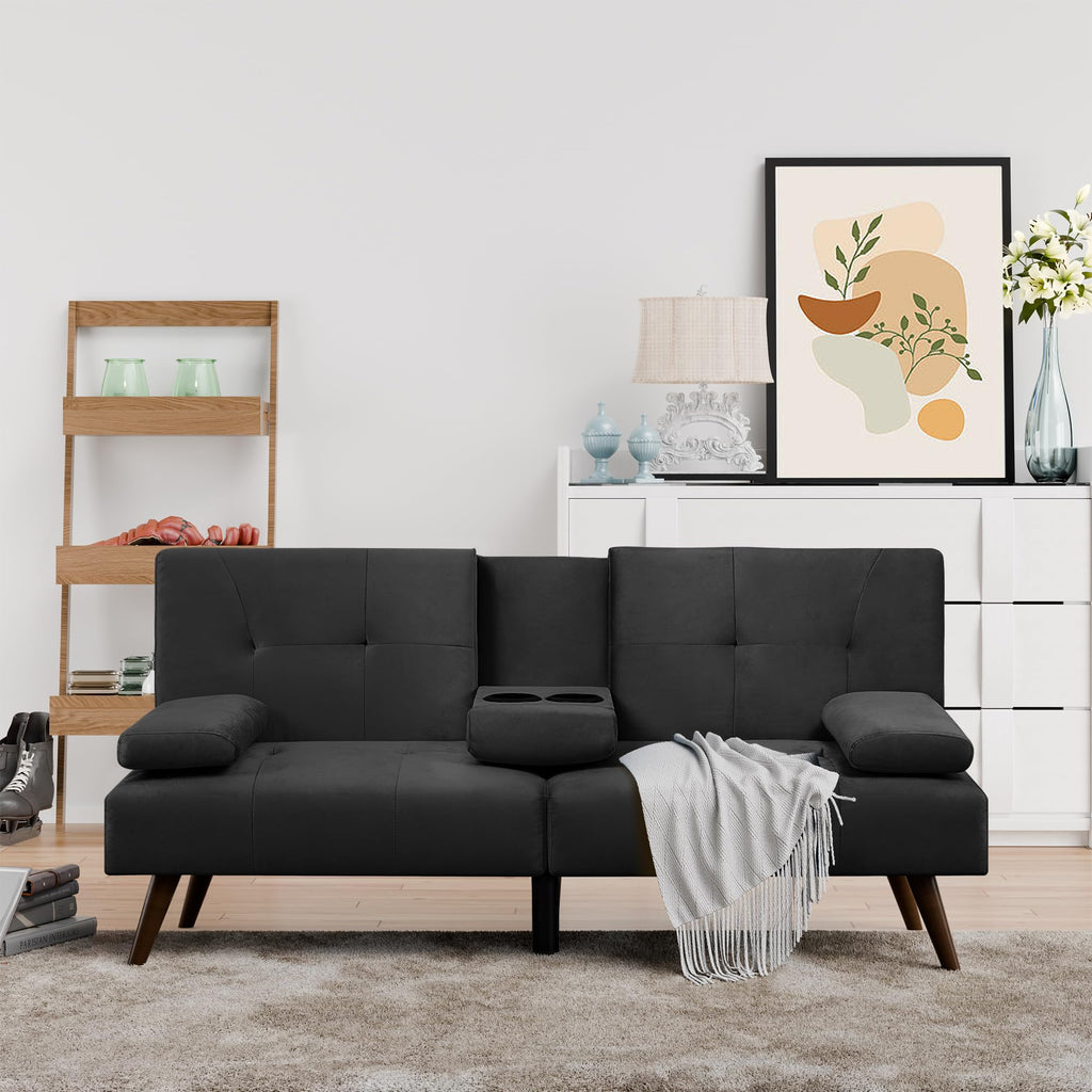 Shintenchi Futon Sofa Bed, Velvet Foldable Couch Reclining Sleeper w/Removable Armrests, Upholstered Loveseat w/Folding Cup Holders for Home, Office, Dark Gray
