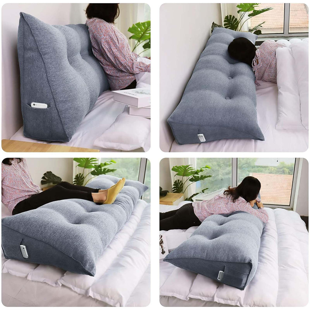 EFZ Wedge Pillow Headboard Triangular Reading Pillow for Dorm, Bed Gap Filler Backrest Pillow Daybed Cushion, Detachable & Washable Bolster Cushion (Gray,Twin: 39in)