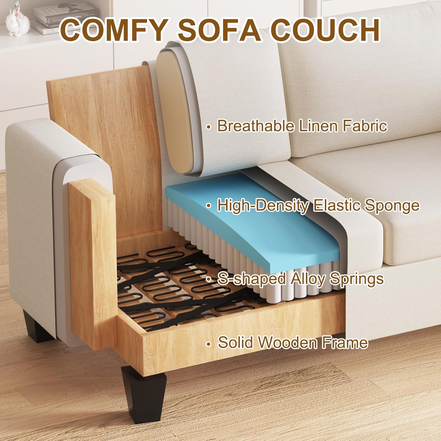 Furnimart Deep Seat Sectional Sofa Set, Modern 3 Seater Couch and Loveseat Sets, Cream Couches Set of 2 for Living Room, Comfy Fluffy Couch with Removable Sofa Cover, Beige Linen