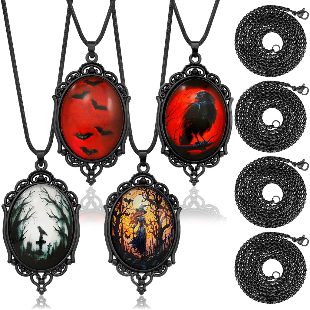 8 Pcs Gothic Necklace Goth Jewelry Witch Gifts For Women Cameo Choker Necklaces Black Stainless Steel Chains Blood Vampire Bat Crow Cross Costume Party…