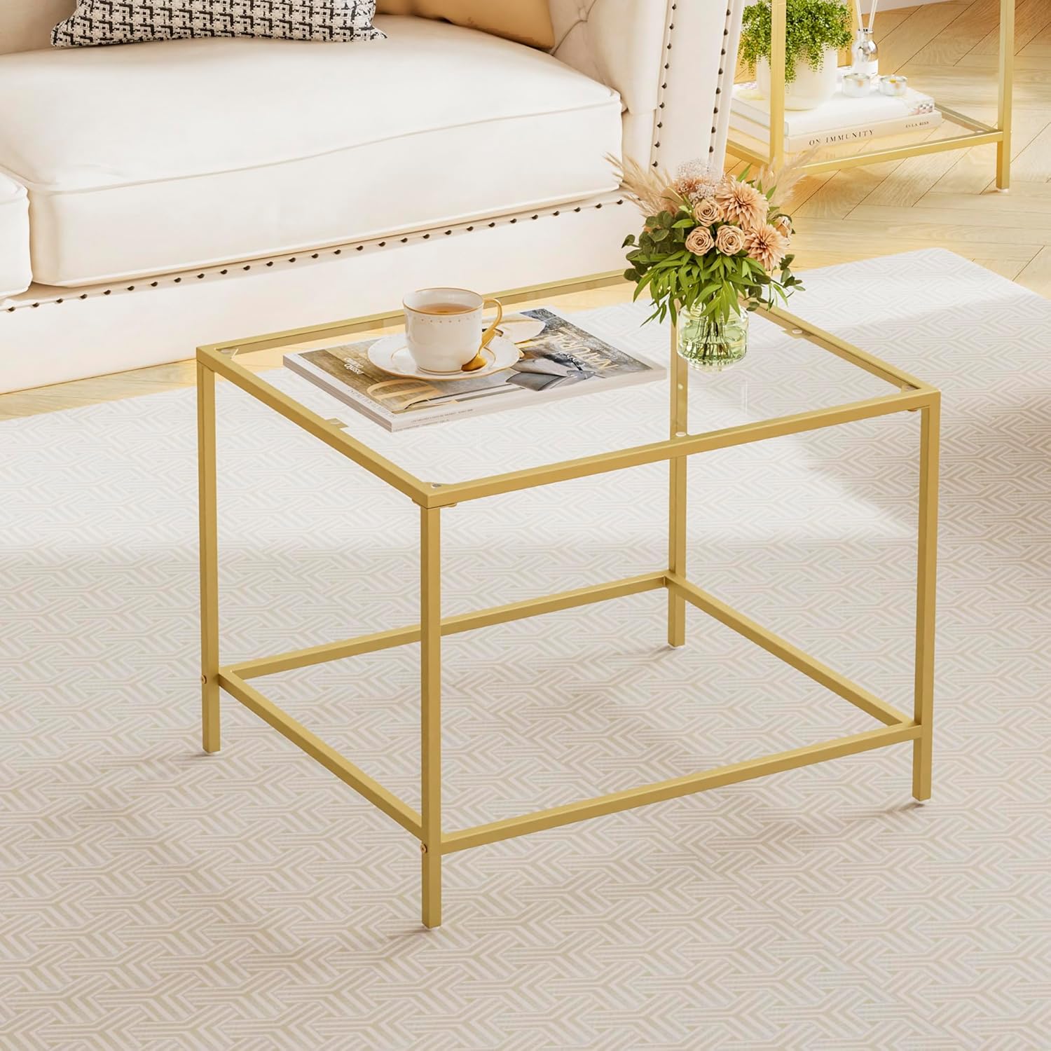 Glass Coffee Table, Modern Rectangular Coffee Table for Living Room, Minimalist Center Tea Table with Sturdy Metal Frame for Apartment, Office, Easy Assembly, 23.6 x 19.7 x 17.7 Inches, Golden