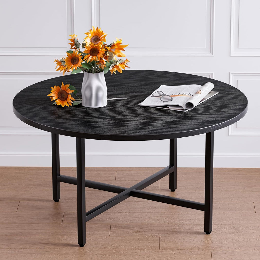 Coffee Table, 23.6" Small Coffee Tables, Black Round Coffee Tables for Living Room, Floor Table for Sitting on The Floor, Center Coffee Table with Metal Frame for Office Apartment Home